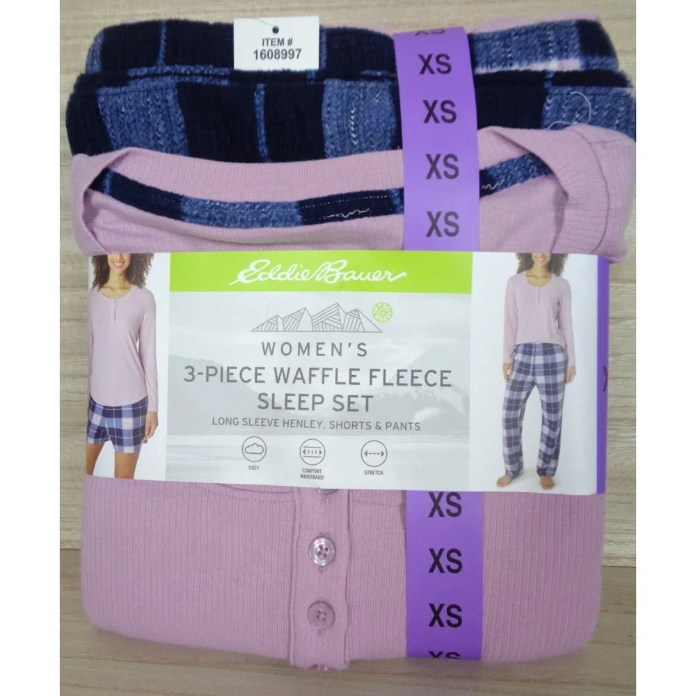 Eddie Bauer Women's 3-Piece Waffle Fleece Sleep‎ Set Pajamas Size XS Purple